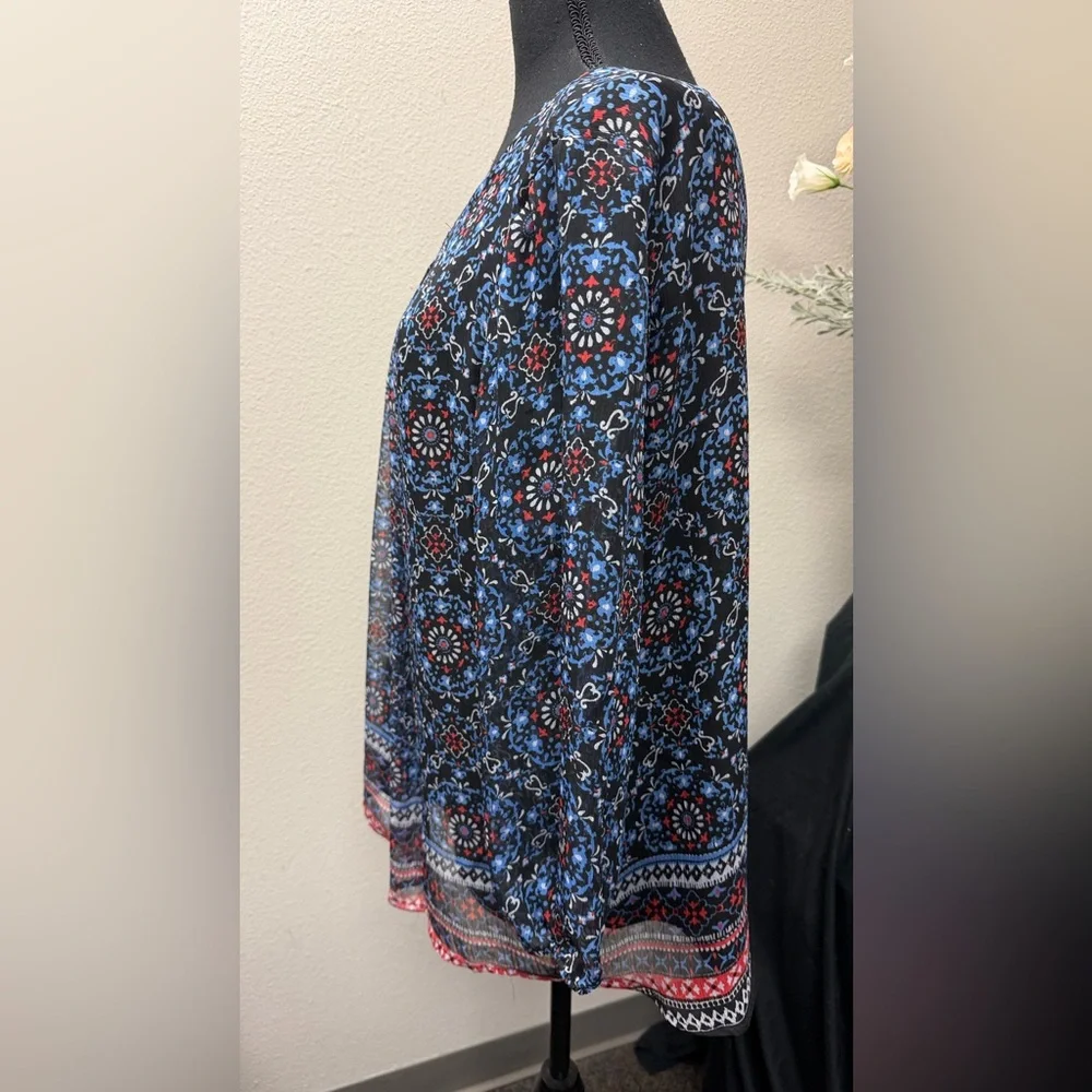 Croft & Barrow Floral Red & Blue Patterned Boho Style Tunic Top  Size L